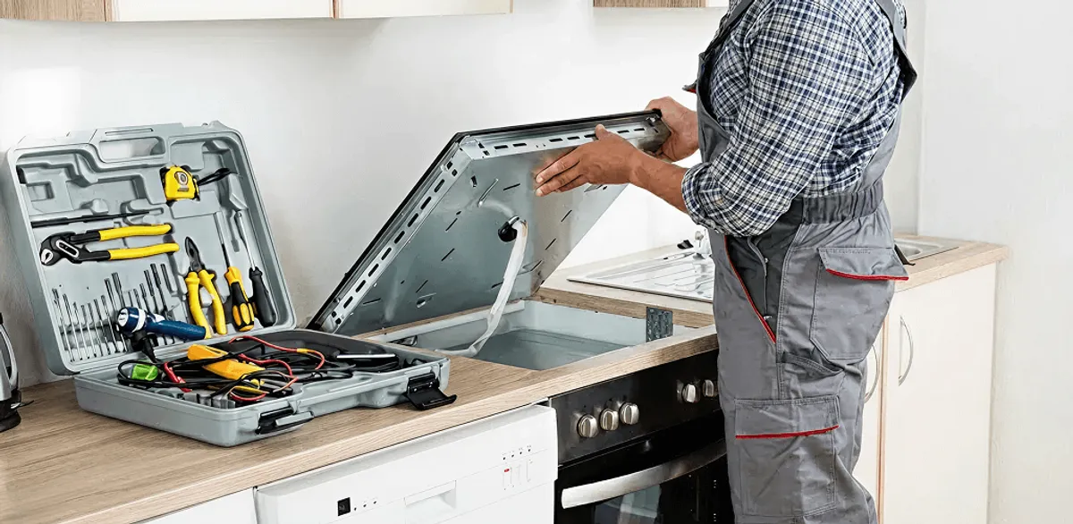 Handyman repairing a cooktop and checking wiring connections in Tallahassee, FL