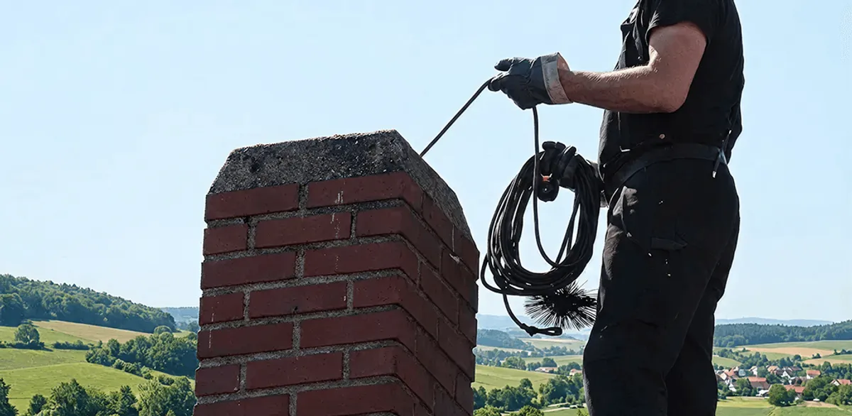 Chimney sweep inspecting and cleaning a rooftop chimney in Tallahassee, FL
