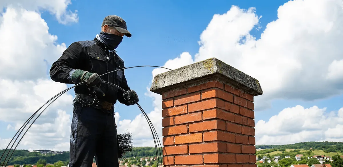 Chimney sweep cleaning a brick chimney with professional tools in Tallahassee, FL